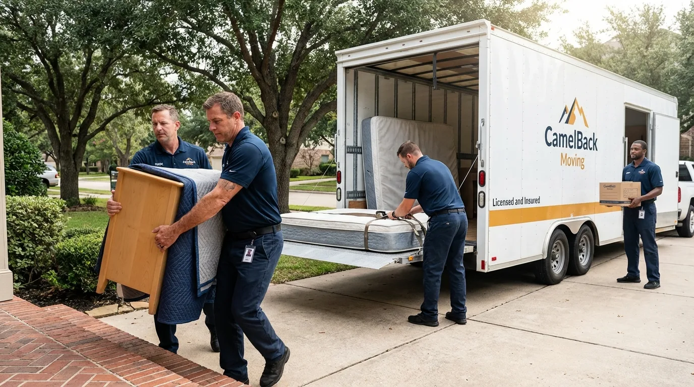 Crew loading residential truck for cross-state move from Big Lake, TX
