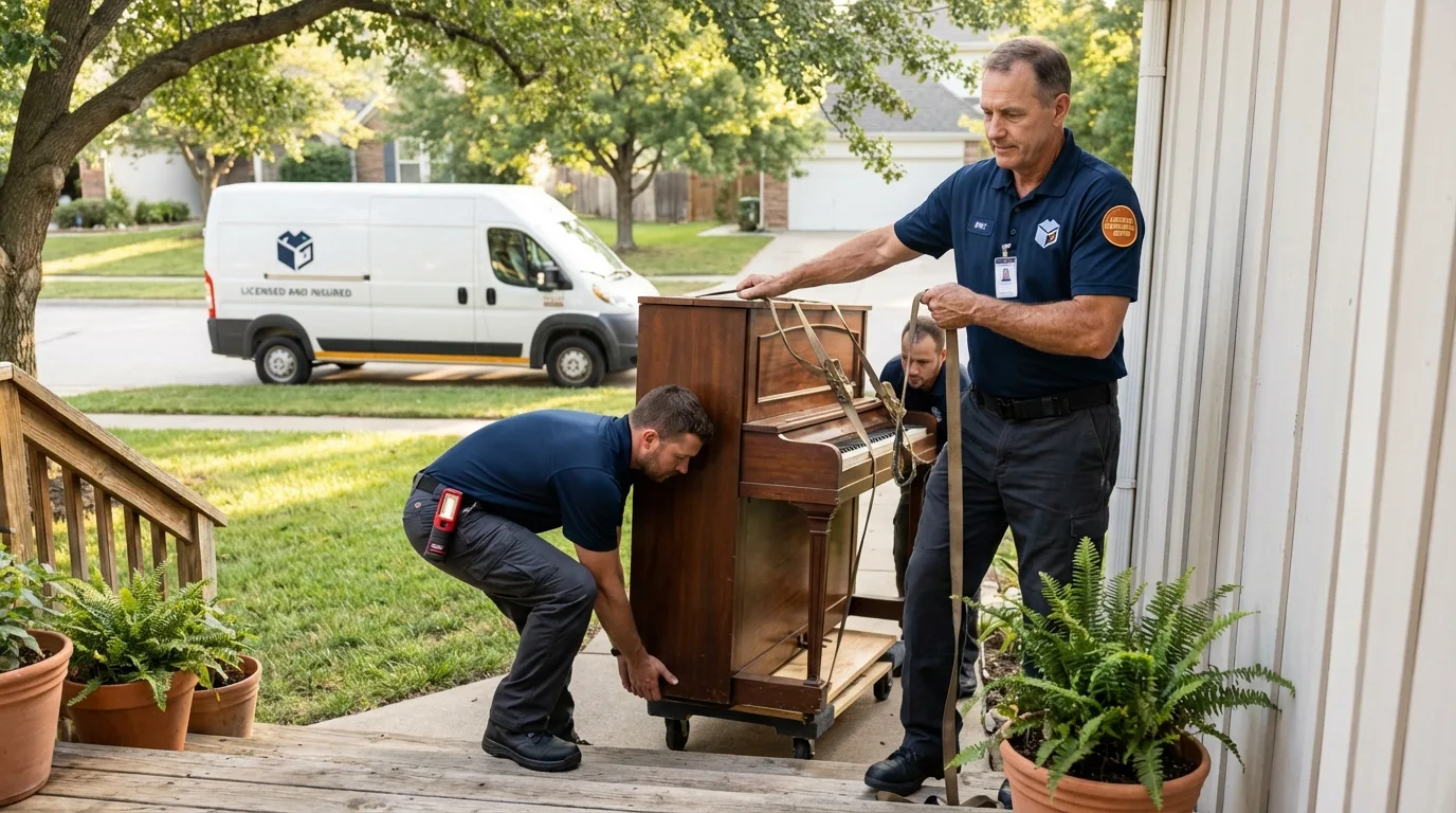 Licensed piano movers securing grand piano in Big Lake, TX
