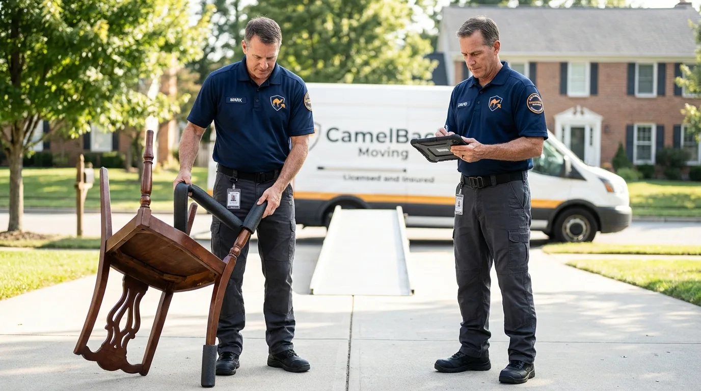 Movers inspecting furniture for damage prevention before loading in Big Lake, TX