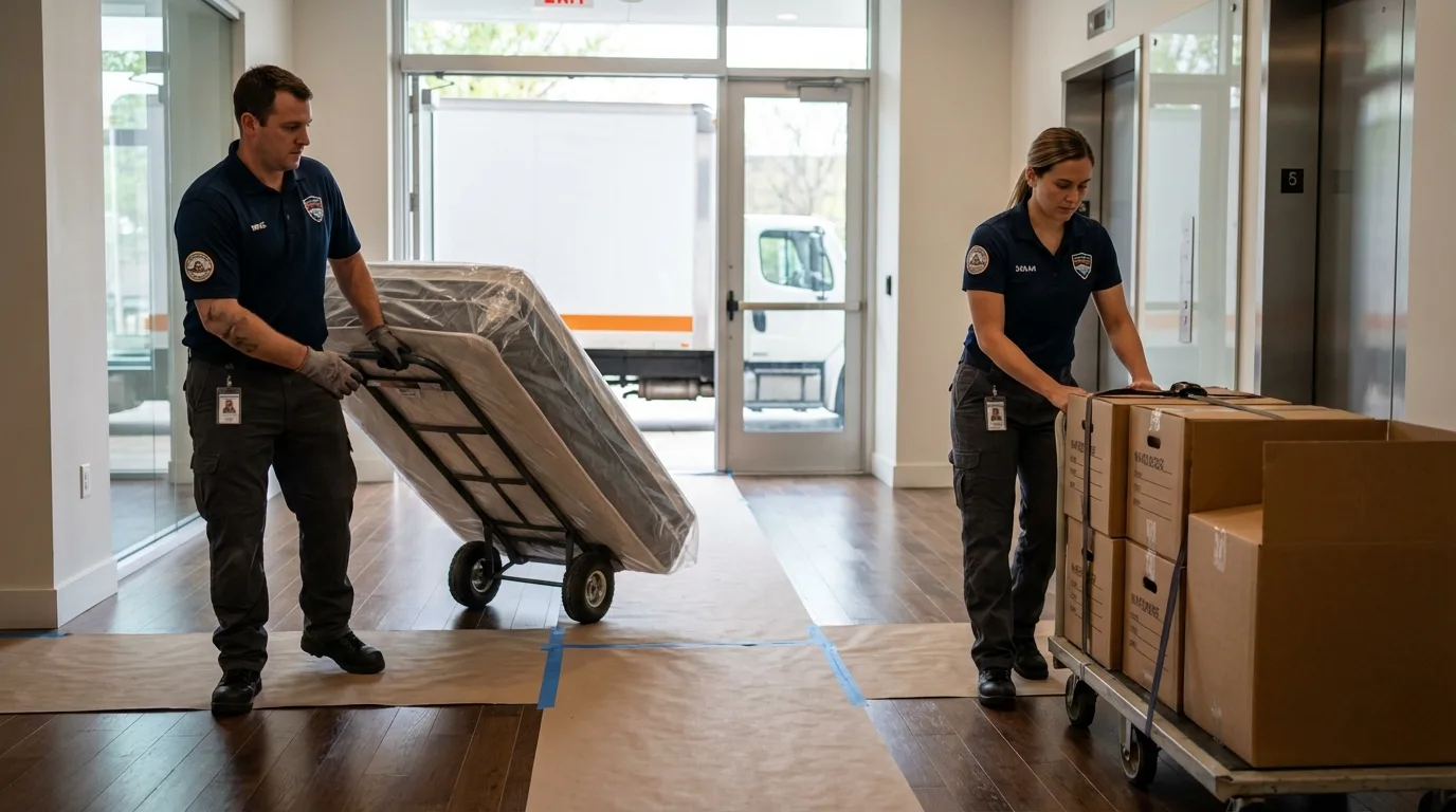 Professional apartment movers loading elevator in Big Lake, TX